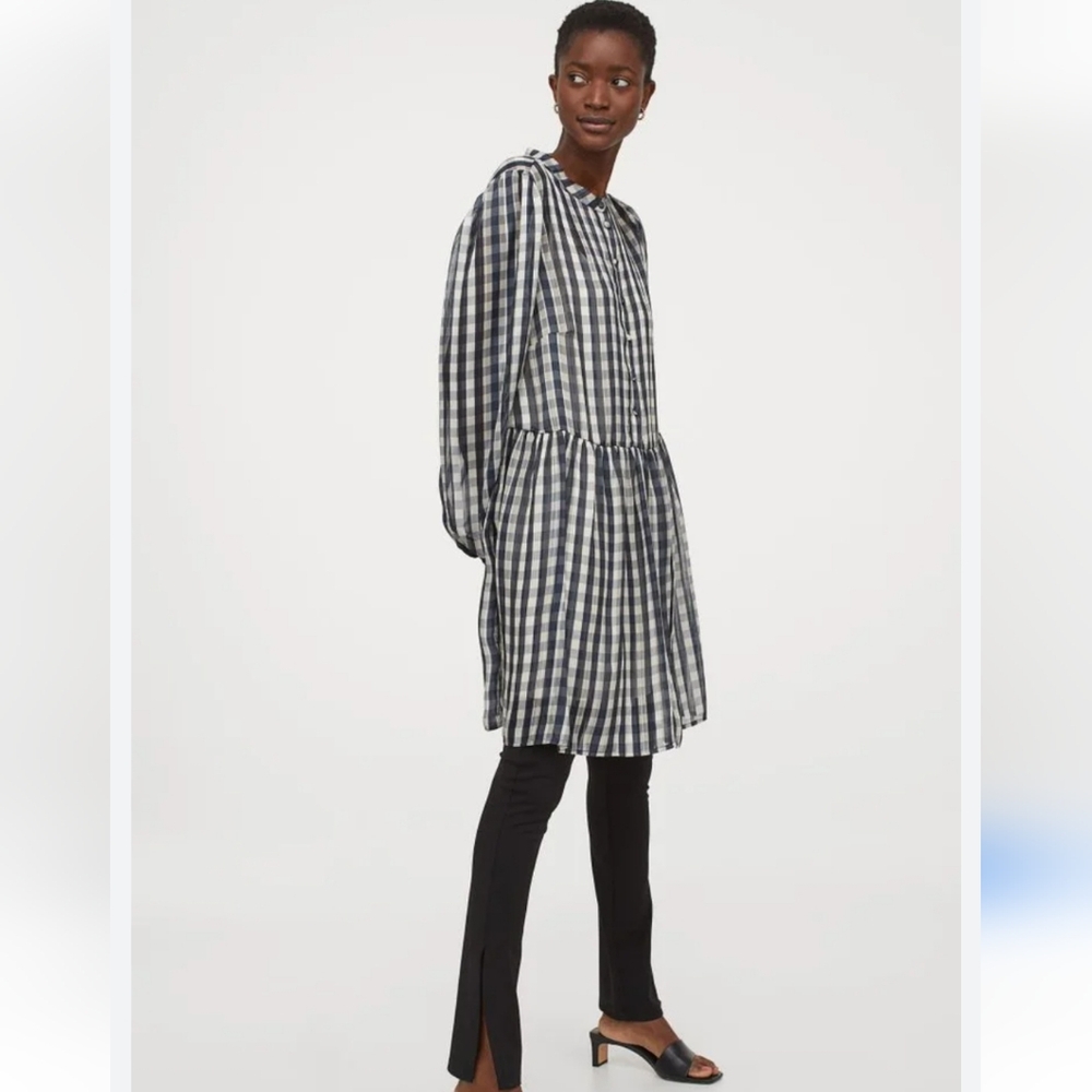 H&M Gingham Plaid Button Babydoll Long Sleeve Dress NEW